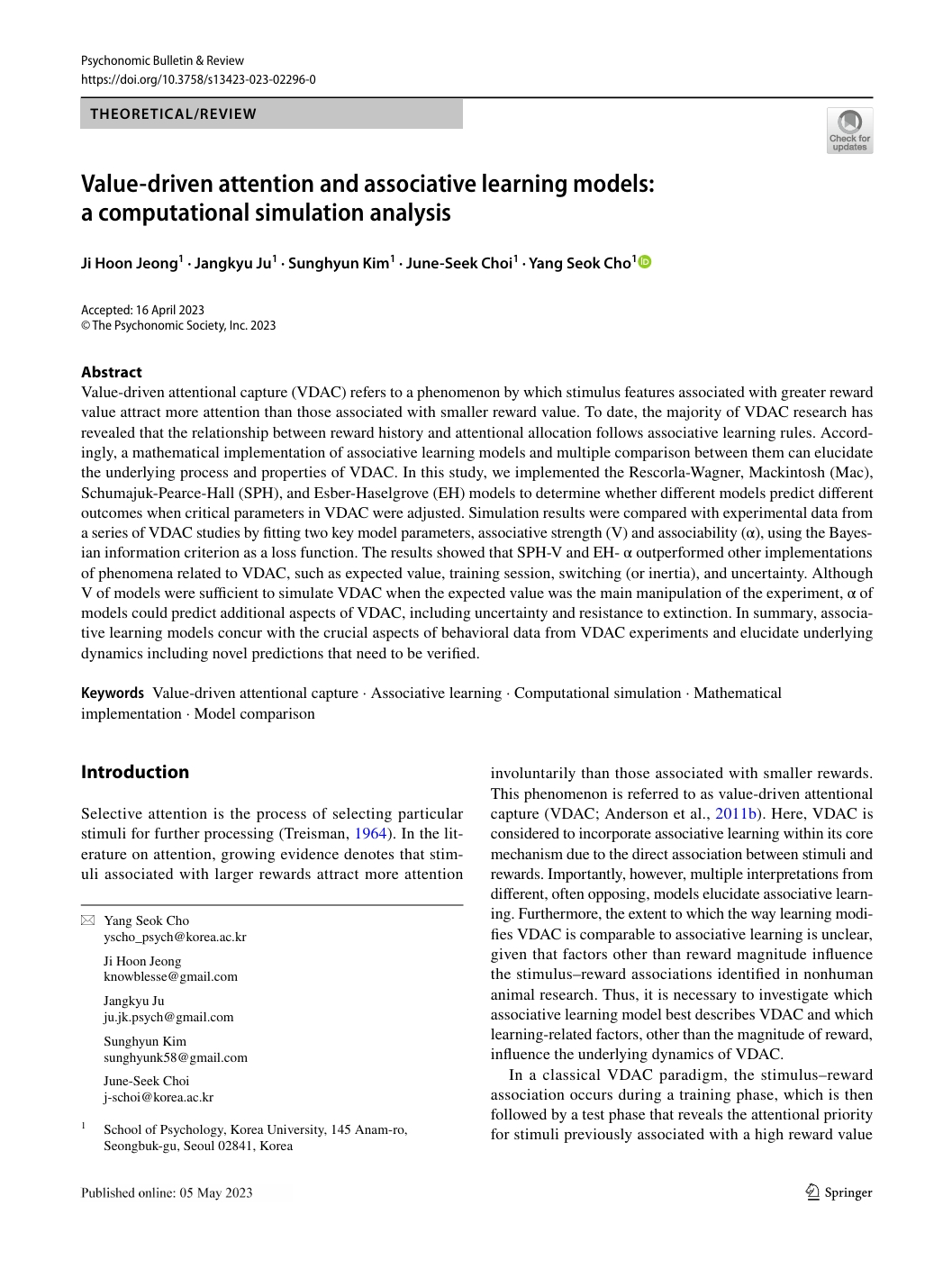 Value-driven attention and associative learning models: a computational simulation analysis figure